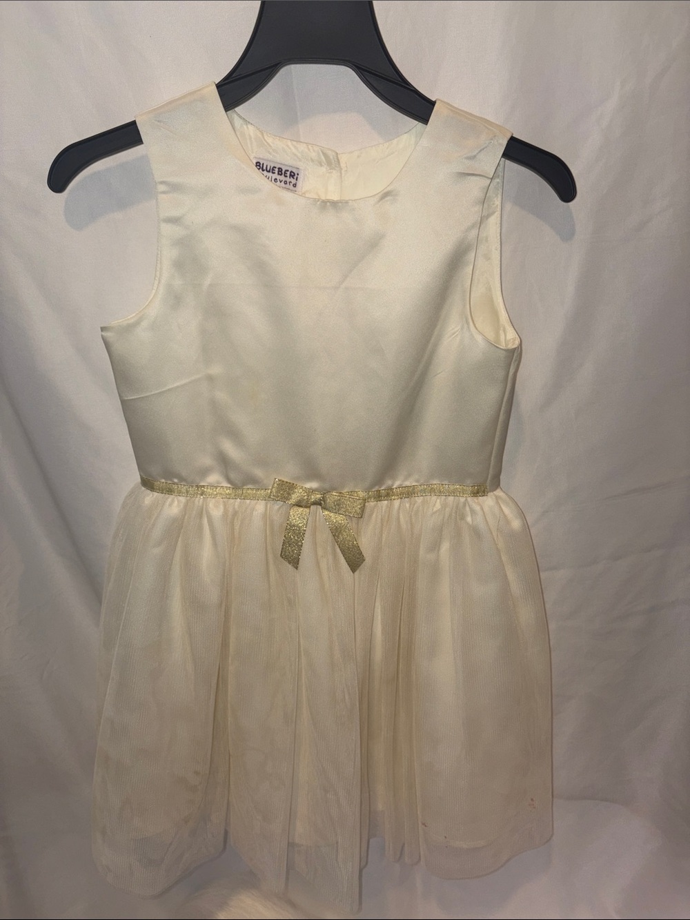 Blueberi Boulevard Cream Dress with Gold Ribbon Accent